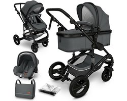 KIDUKU- 3 in 1 combi-kinderwagen- antraciet/zwart buggy incl. autostoeltje-regenhoes- inklapbaar
