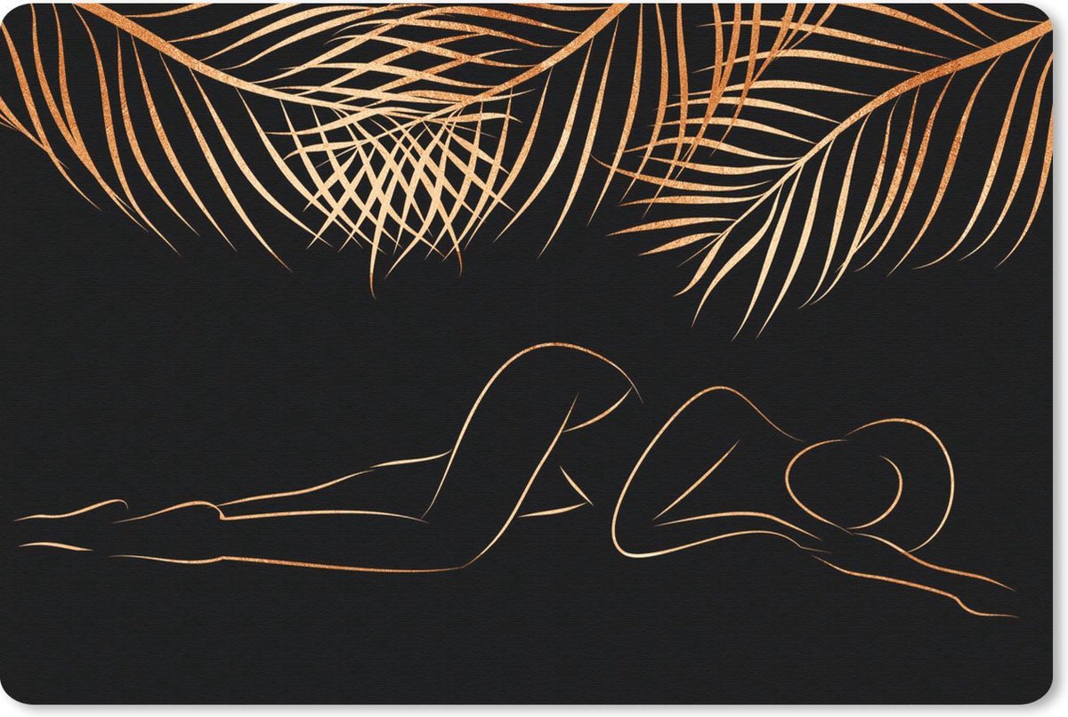 Bureau mat - Vrouw - Palmbladeren - Goud - Line art - 60x40