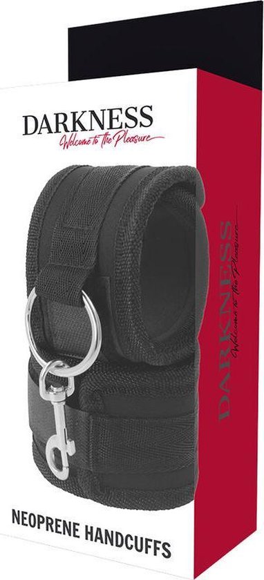Verpakking met zwarte neopreen manchetten, met de tekst 'DARKNESS' en 'NEOPRENE HANDCUFFS'.