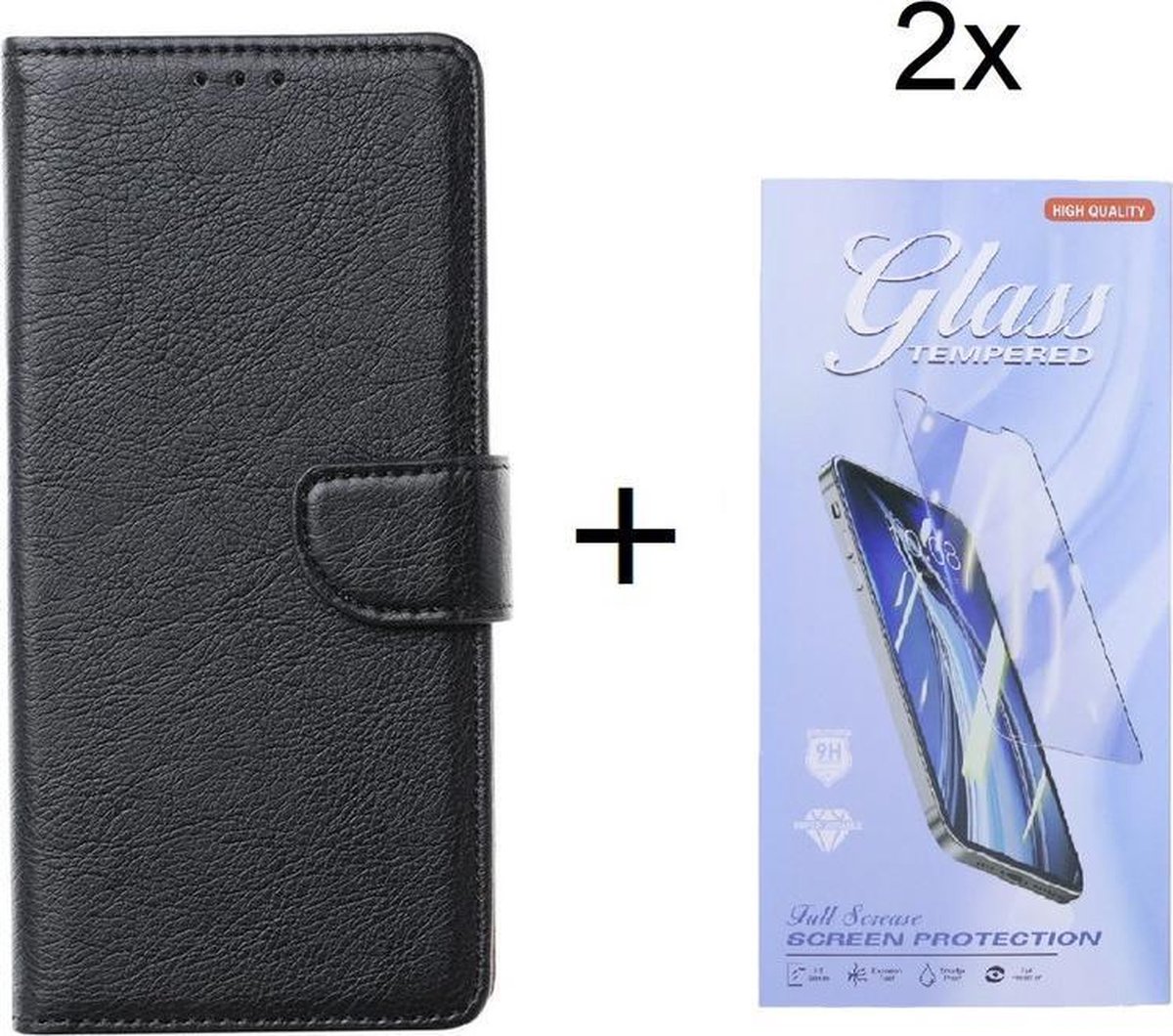 Bookcase Geschikt voor: Oppo A16 / A16s / A54s - Zwart - portemonnee hoesje met 2 stuk Glas Screen protector