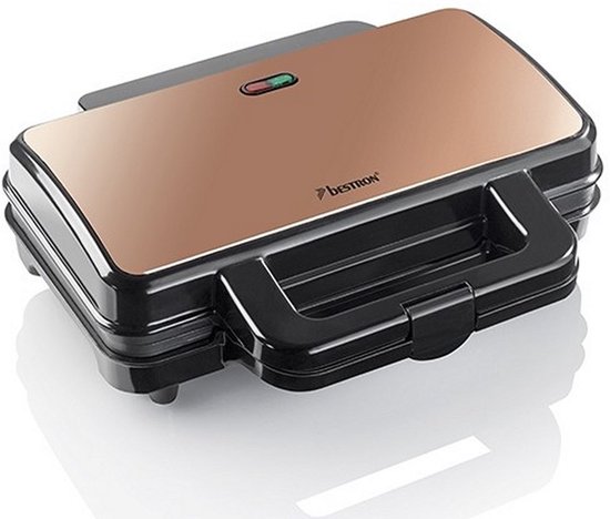 Gesloten koperkleurig Bestron tosti-apparaat met zwarte handgrepen en indicatielampjes.