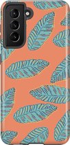 Samsung Galaxy S21 Telefoonhoesje - Extra Stevig Hoesje - 2 lagen bescherming - Met Plantenprint - Tropische Blaadjes - Oranje