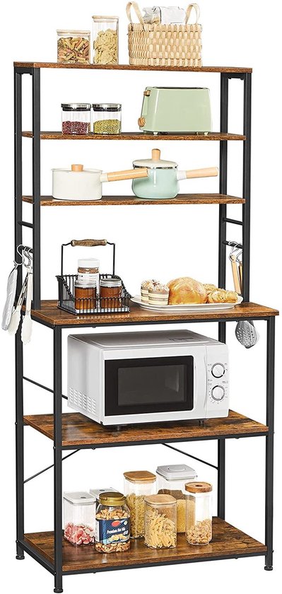 Étagère de cuisine, support debout avec étagères, avec 6 crochets et cadre en métal, design industriel, pour micro-ondes, ustensiles de cuisine, 80 x 40 x 167 cm, vintage marron-noir KKS019B01