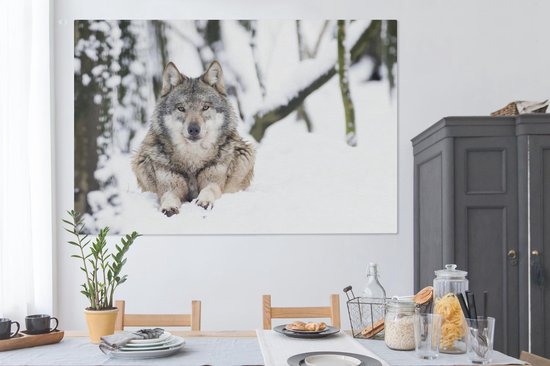 Toile Peinture Loup - Neige - Arbre - 180x120 cm - Décoration murale XXL