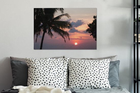 Toile Peinture Tropical - Palmier - Soleil - 90x60 cm - Décoration murale