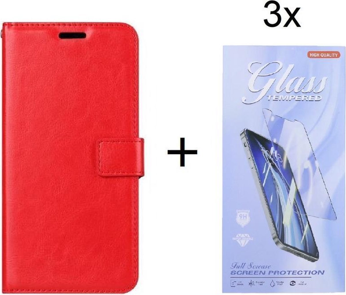 Bookcase Geschikt voor: Oppo A54 5G / A74 5G / A93 5G Rood - portemonnee hoesje met 3 stuk Glas Screen protector
