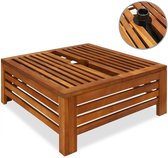 Houten bijzettafel met parasolgat. Inzetstuk toont de parasolvoet in de opening.