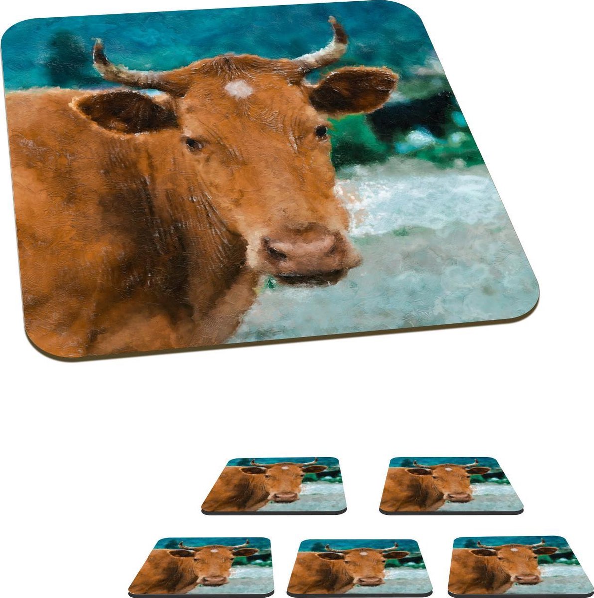 Onderzetters voor glazen - Koe - Tekening - Bruin - 10x10 cm - Glasonderzetters - 6 stuks