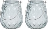 2x stuks theelichthouders/waxinelichthouders ruitjes glas ijsblauw met metalen handvat 11 x 13 cm - Windlichtjes/kaarsenhouders