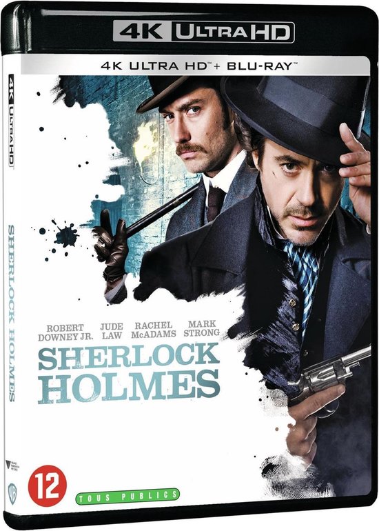De cover van Sherlock Holmes 4K Ultra HD Blu-ray toont Robert Downey Jr. en Jude Law in kostuums uit het Victoriaanse tijdperk. De titel 'SHERLOCK HOLMES' staat centraal.