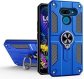 Voor LG K50 koolstofvezelpatroon pc + TPU-beschermhoes met ringhouder (donkerblauw)