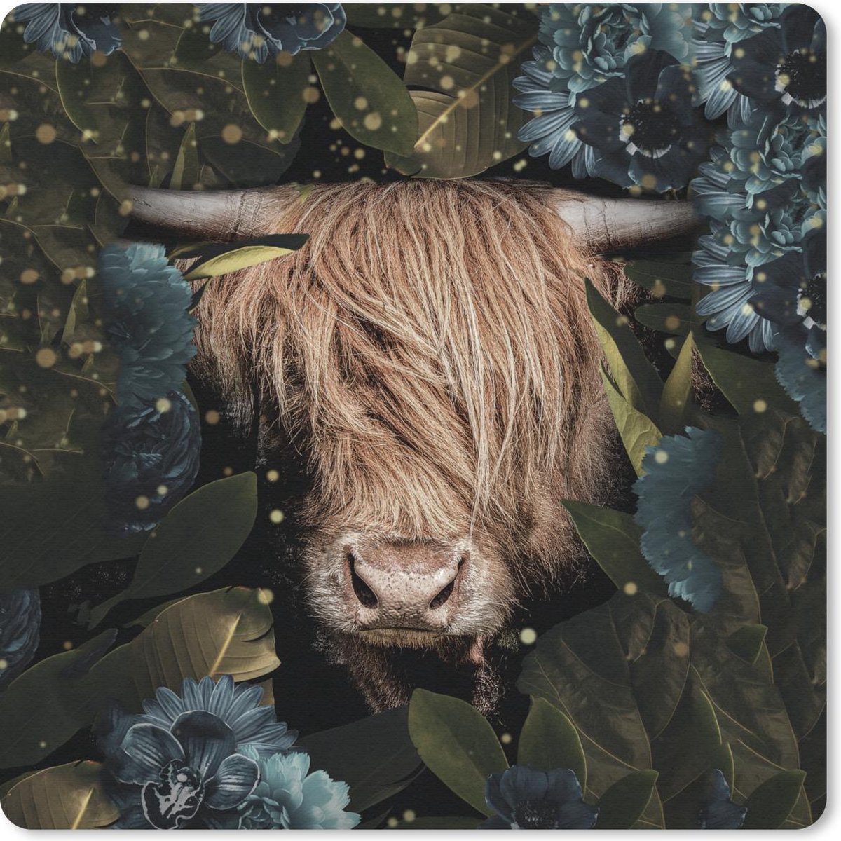 Muismat 20x20 cm - Mousepad Schotse hooglander - Bloemen - Bladeren - Licht - Muismatten