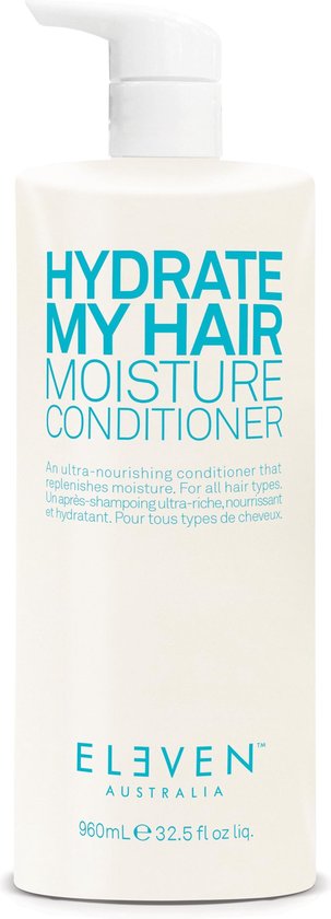 Flacon pompe blanc avec "HYDRATE MY HAIR MOISTURE CONDITIONER" en lettres bleues. Contenu 960ml.