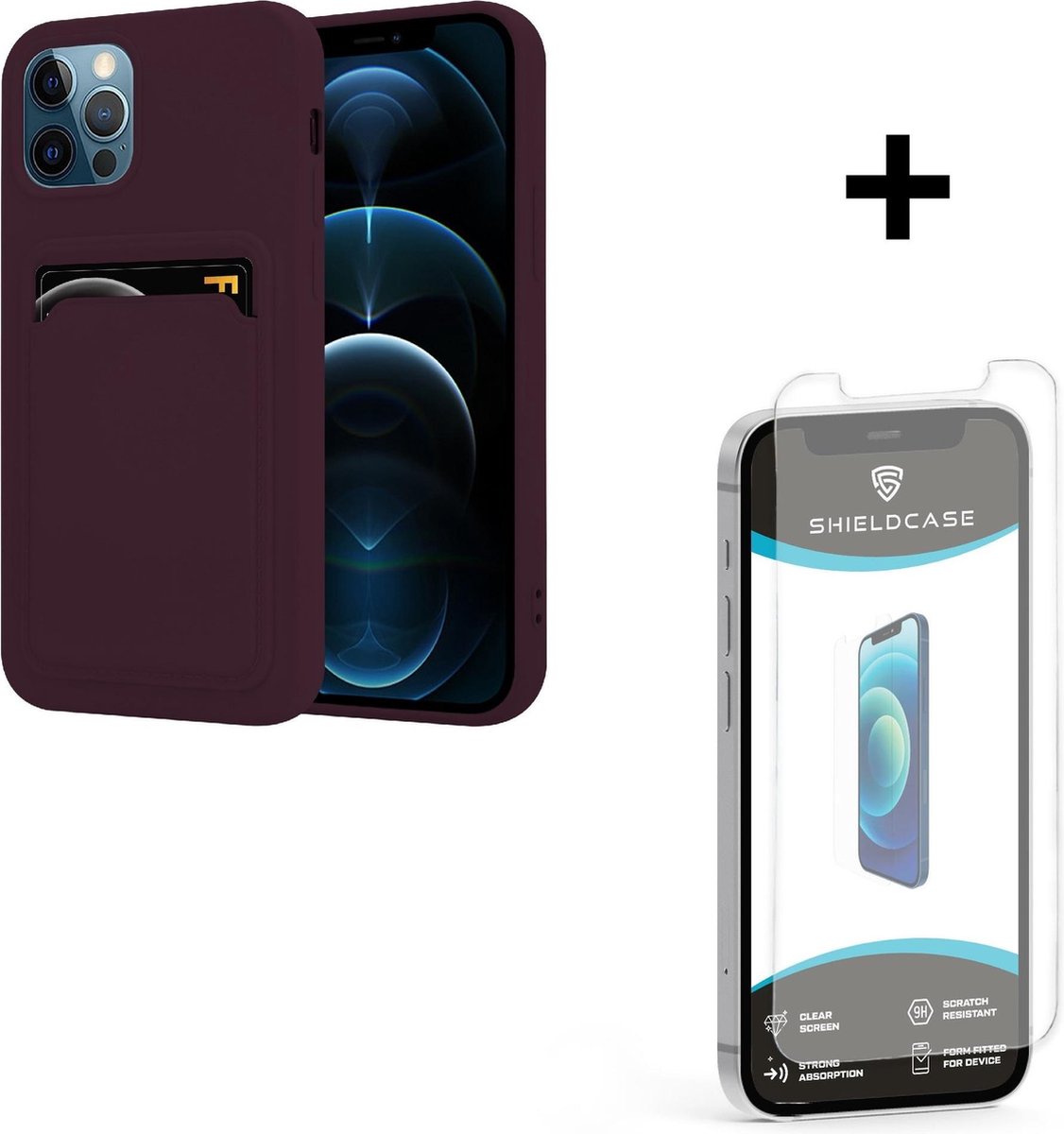 ShieldCase geschikt voor Apple iPhone 12 / 12 Pro siliconen hoesje met pasjeshouder - aubergine + glazen Screen Protector