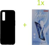 hoesje Geschikt voor: Realme 7 Pro TPU Silicone rubberen + 1 stuk Tempered screenprotector - zwart
