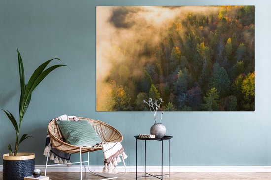 Toile Peinture Forêt - Brouillard - Coucher de Soleil - 150x100 cm - Décoration murale