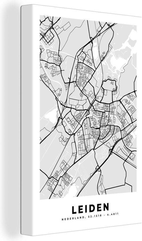 Canvas schilderij 90x140 cm - Wanddecoratie Stadskaart - Leiden - Grijs - Wit - Muurdecoratie woonkamer - Slaapkamer decoratie - Kamer accessoires - Schilderijen - Plattegrond