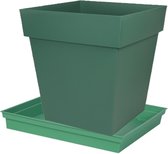 Bloempot Toscane vierkant kunststof groen L39 x B39 x H39 cm en onderschaal L33 x B33 x H5 cm - Bloempotten/plantenpotten set