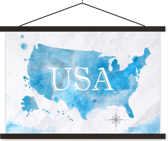Posterhanger incl. Poster - Schoolplaat - Verenigde Staten - Wereldkaart - Waterverf - 150x100 cm - Zwarte latten