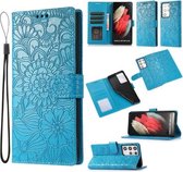 Voor Samsung Galaxy S21 Ultra 5G Huid Voelen Reliëf Zonnebloem Horizontale Flip Lederen Case met Houder & Kaartsleuven & Portemonnee & Lanyard (Blauw)
