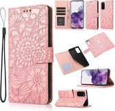 Voor Samsung Galaxy S20+ Huid Voelen Reliëf Zonnebloem Horizontale Flip Lederen Case met Houder & Kaartsleuven & Portemonnee & Lanyard (Rose Goud)