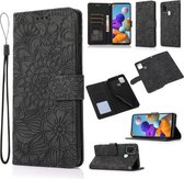 Voor Samsung Galaxy A21s Huid Voelen Reliëf Zonnebloem Horizontale Flip Lederen Case met Houder & Kaartsleuven & Portemonnee & Lanyard (Zwart)