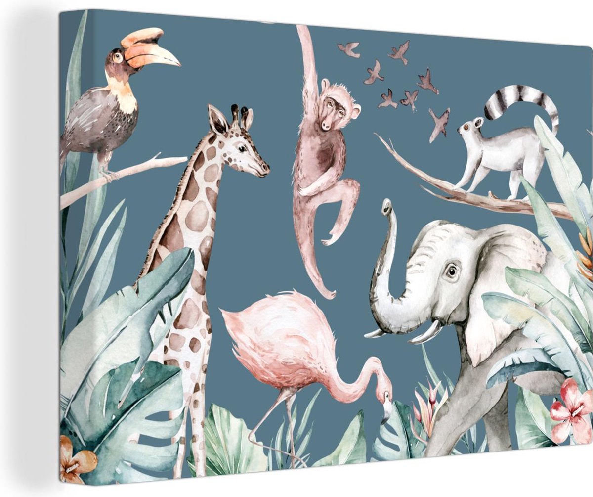 Canvas Schilderij Waterverf - Dieren - Jungle - Aap - Jongens - Blauw - Kinderen - Kids - 120x80 cm - Wanddecoratie