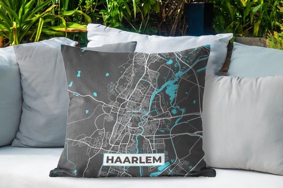 Sierkussen d'extérieur - Carte - Haarlem - Grijs - Blauw - 60x60 cm - Résistant aux intempéries