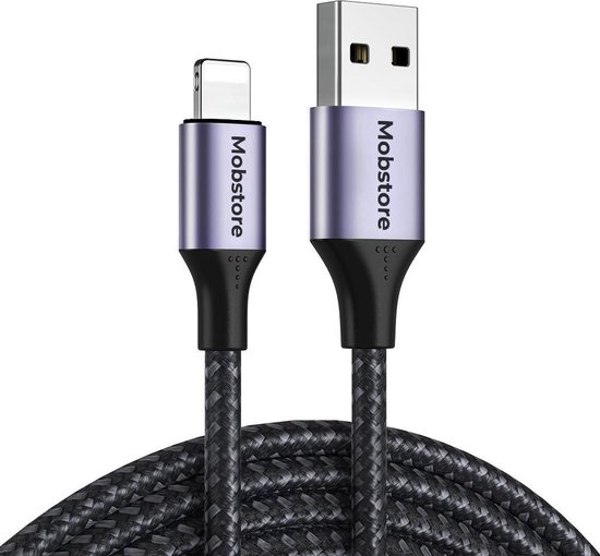 Mobstore - Oplader kabel geschikt voor iPhone kabel - USB A kabel geschikt voor Lightning USB - Geschikt voor iPhone oplader kabel - 2 meter - Zwart - Stevige nylon oplaadkabel - 480 Mbps - Snellader