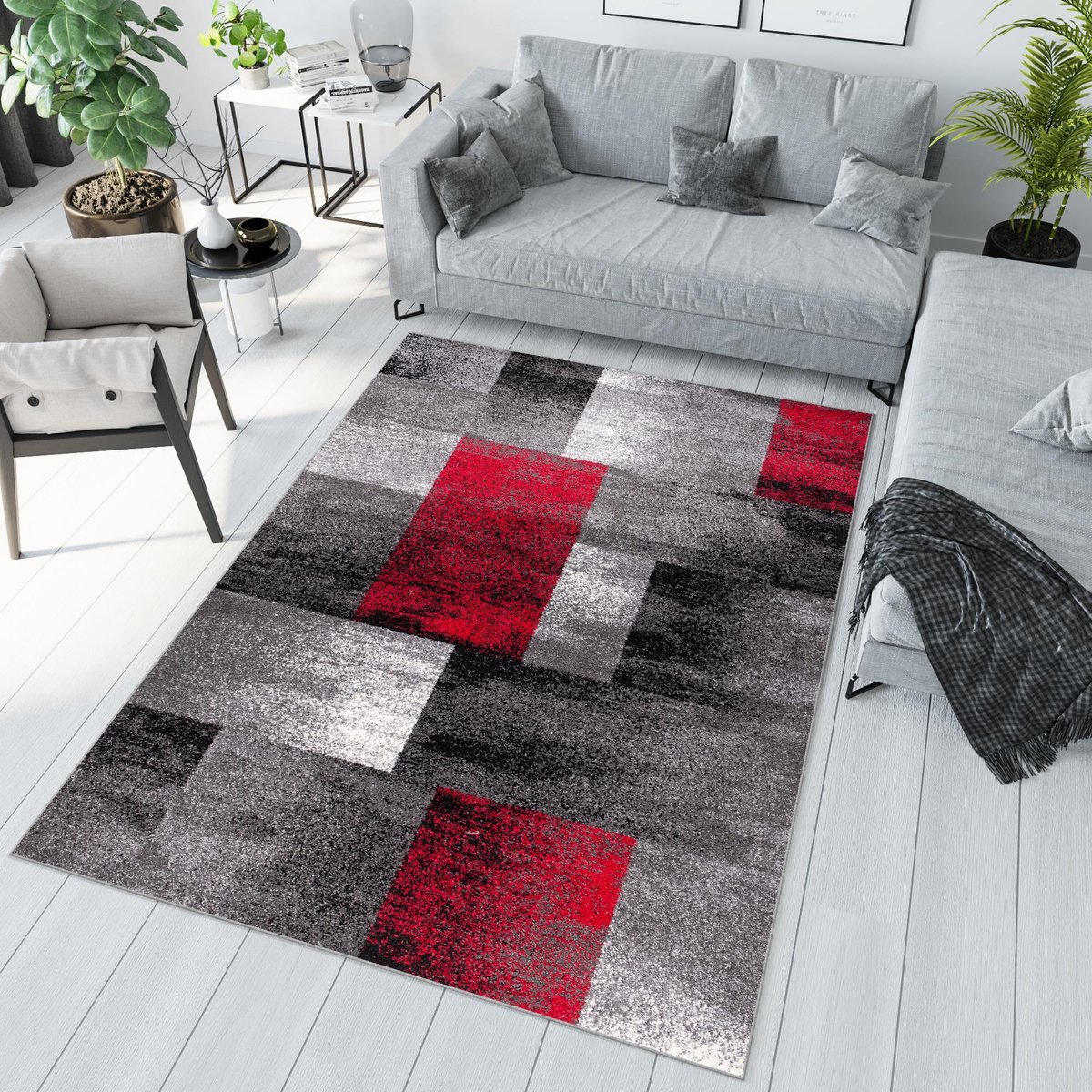 Tapiso Jawa Vloerkleed Rood Grijs Modern Laagpolig Tapijt Maat- 80x150