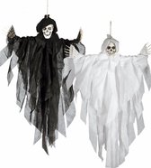 Set van 2x stuks horror hangdecoratie spook/geest poppen zwart en wit 75 cm - Halloween decoratie