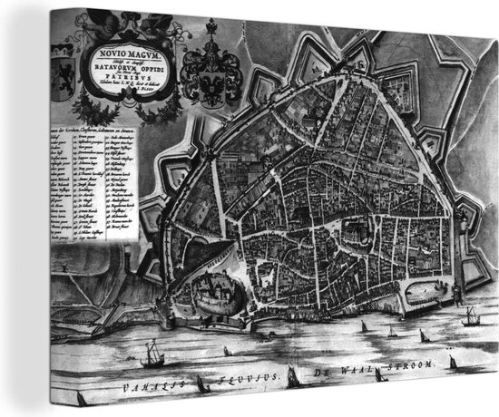 Canvas Schilderij De historische stadskaart van Nijmegen - zwart wit - 60x40 cm - Wanddecoratie