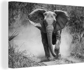 Canvas Schilderij Rennende olifant - zwart wit - 30x20 cm - Wanddecoratie