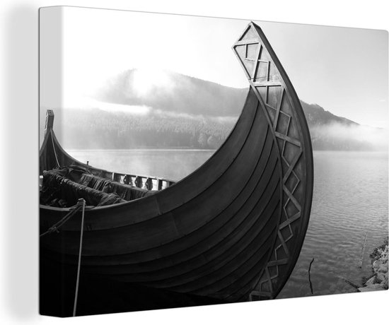 Canvas Schilderij Vikingschip op meer - zwart wit - 60x40 cm - Wanddecoratie