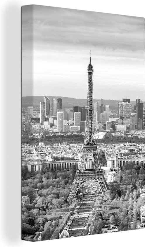 Canvas Schilderij Luchtfoto van de Eiffeltoren in Parijs - zwart wit - 60x90 cm - Wanddecoratie