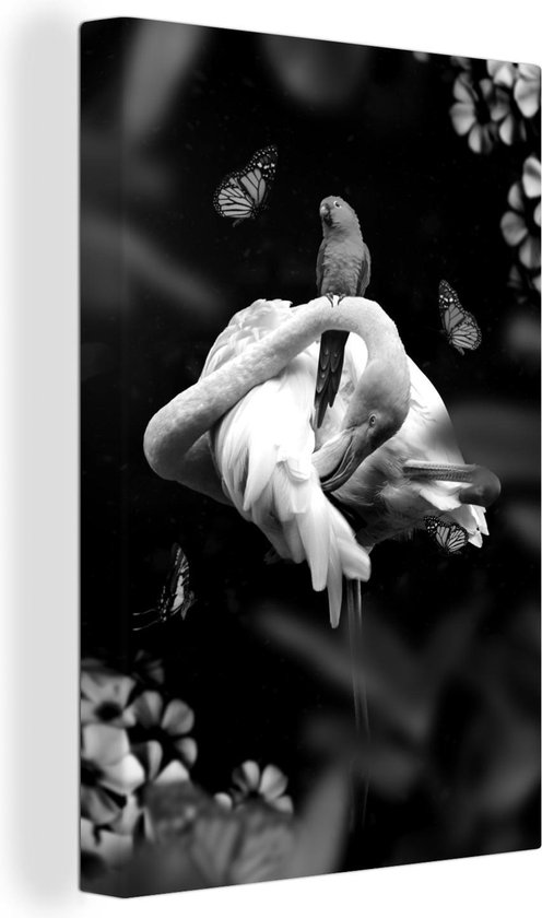 Tableau sur toile Flamingo avec papillons dans la jungle - noir et blanc - 80x120 cm - Décoration murale