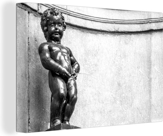 Canvas Schilderij Manneken pis in Brussel - zwart wit - 60x40 cm - Wanddecoratie