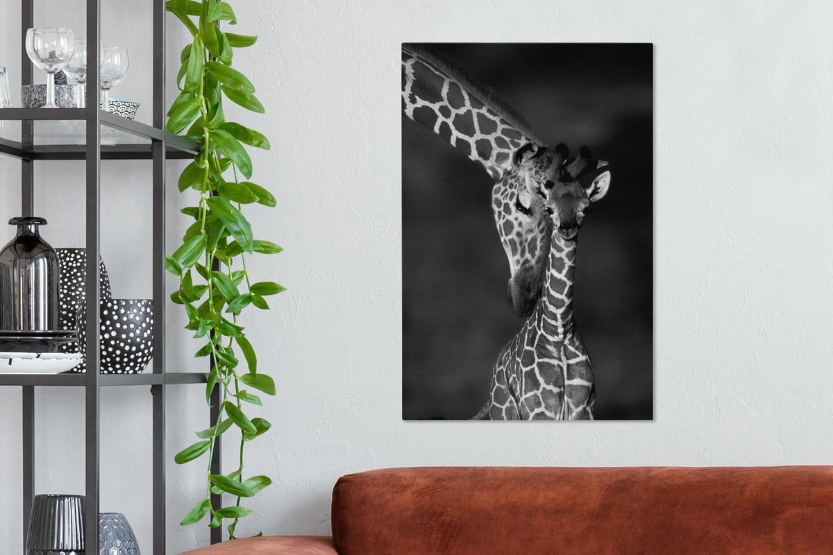 Tableau sur toile une girafe avec son petit - noir et blanc - 40x60 cm -  Décoration murale