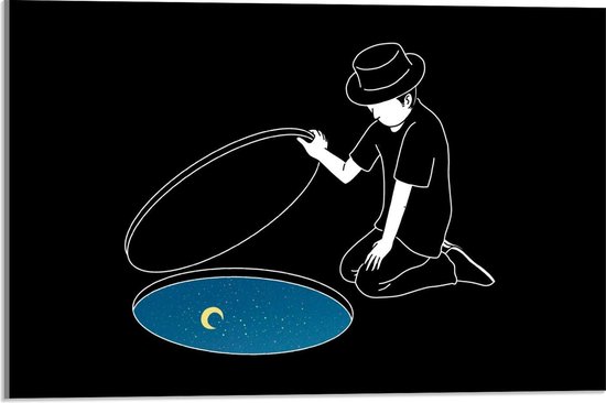 Acrylglas - Man kijkend naar Maan via Luik - 60x40cm Foto op Acrylglas (Met Ophangsysteem)