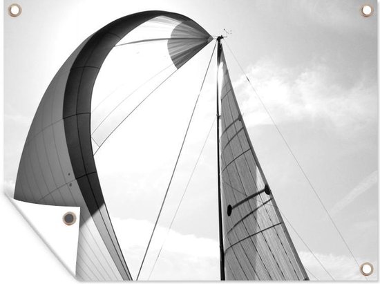 Tuin decoratie Zeil van een zeilboot - zwart wit - 40x30 cm - Tuindoek - Buitenposter