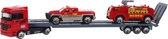 vrachtauto met oplegger met 2 wagens rood/grijs 24 cm