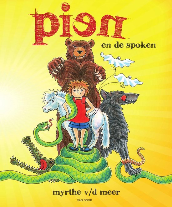 Boekcover "Pien en de spoken" met een jongen, beer, wolf, paard, krokodil, slang en spoken.