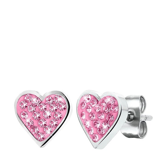 Boucles d'oreilles enfant en acier coeur avec cristal rose clair