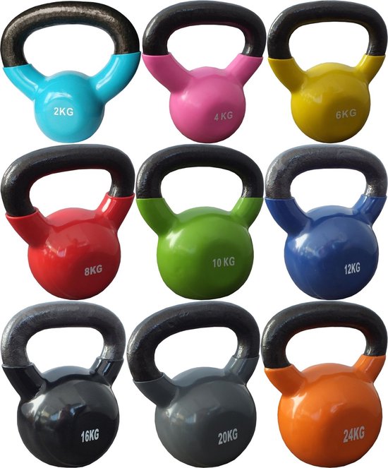 Tien Mambo Max kettlebells in verschillende kleuren en gewichten op een rek.
