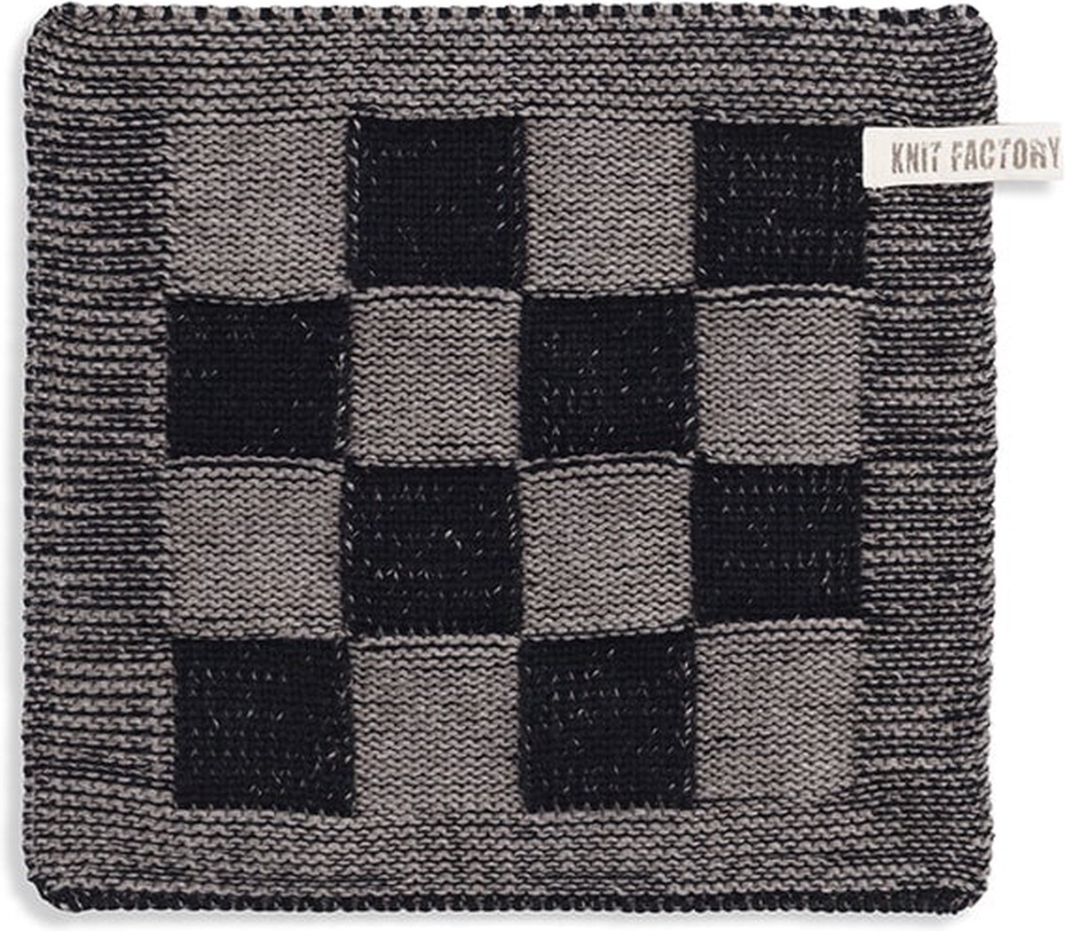 Knit Factory Gebreide Pannenlap Block - Pannenlappen gemaakt van 50% katoen & 50% acryl - Blokken motief - Traditionele look - 1 stuk - Zwart/Taupe - 23x23 cm - Knit Factory