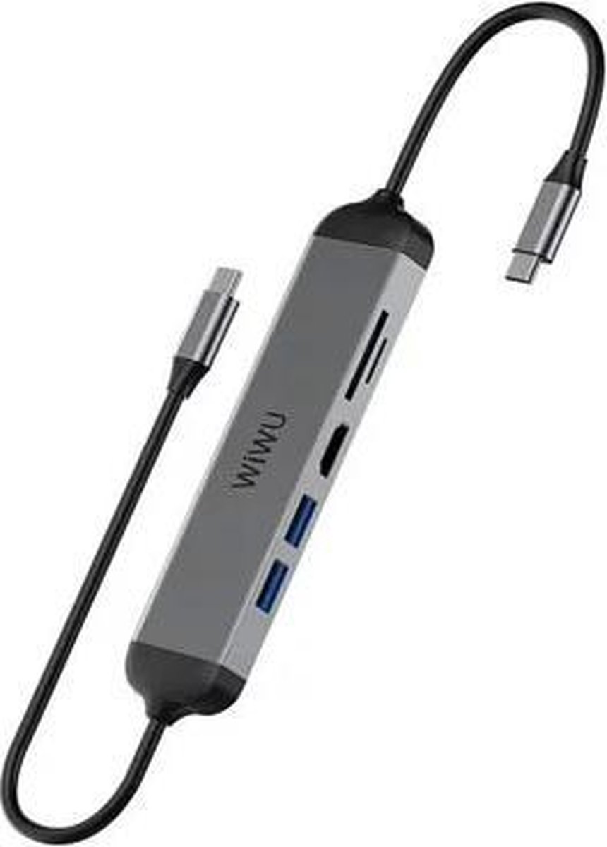 WIWU - Alpha 5 in 1 USB-C Adapter - Type C naar 2x USB 3.0, 1x HDMI 1x SD kaart en 1x Micro SD kaart - USB-C Hub - Aluminium - Grijs