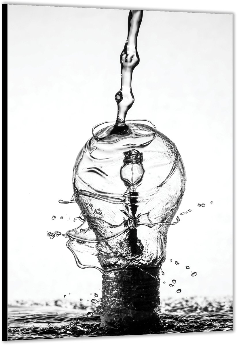 KuijsFotoprint - Schilderij - Gloeilamp Met Water Erover Heen - Zwart, Wit En Grijs - 60 X