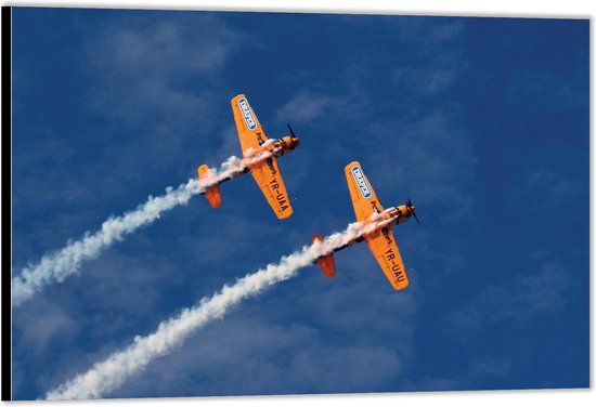 Dibond –Twee Gele Vliegtuigen– 40x30 Foto op Aluminium (Met Ophangsysteem)