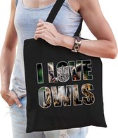 I love owls / uilen tas zwart dames - uilen tas / bedrukte tassen -  cadeau tas / Oehoe uilen shopper