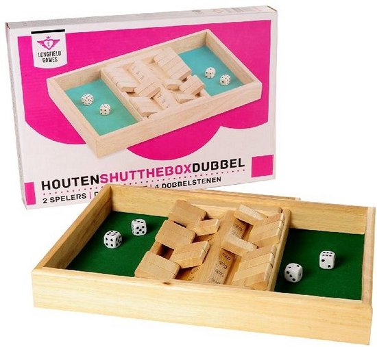 Boek: Longfield Games Shut the box bordspel, 2 spelers, inclusief 4 houten dobbelstenen. Afm. 34 x 24 x 4 cm, geschreven door Longfield